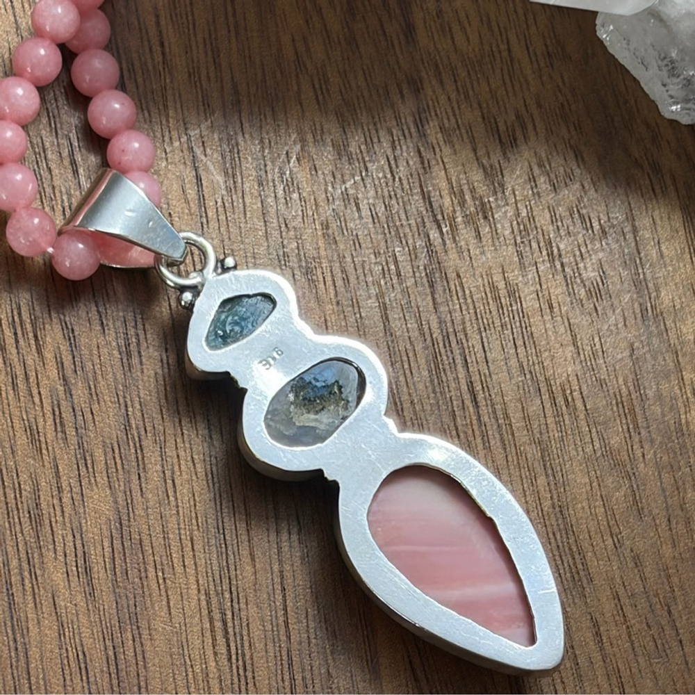 Raw Apatite Labradorite & Pink Opal Cluster Pendant Necklace Southwest Boho 925 - Picture 8 of 9